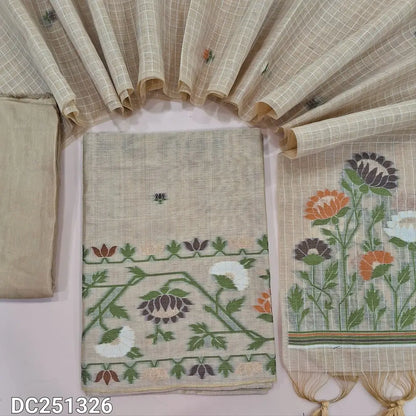 Designer rich Beige jamdani woven premium silk cotton unstitched salwar material (lining needed)  heqavy jamdani woven on daman, matching santoon bottom, premium silk cotton dupatta with jamdani woven pallu & hand made tassels. DC251326