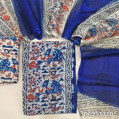 Beige & blue premium Georgette unstitched salwar material (lining needed) hand block printed allover, panel design, printed santoon bottom, hand block printed dual shaded chiffon dupatta (TAPING NEEDED). DC251310