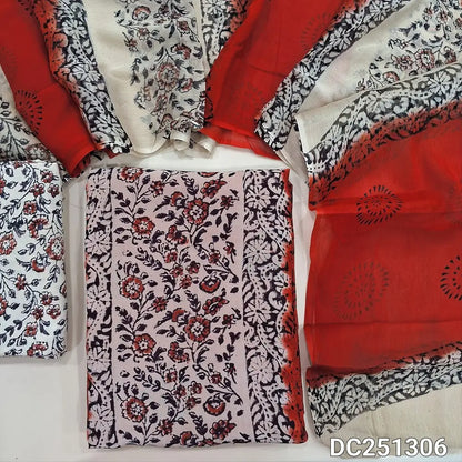 Beige & Orange premium Georgette unstitched salwar material (lining needed) hand block printed allover, panel design, printed santoon bottom, hand block printed dual shaded chiffon dupatta (TAPING NEEDED). DC251306