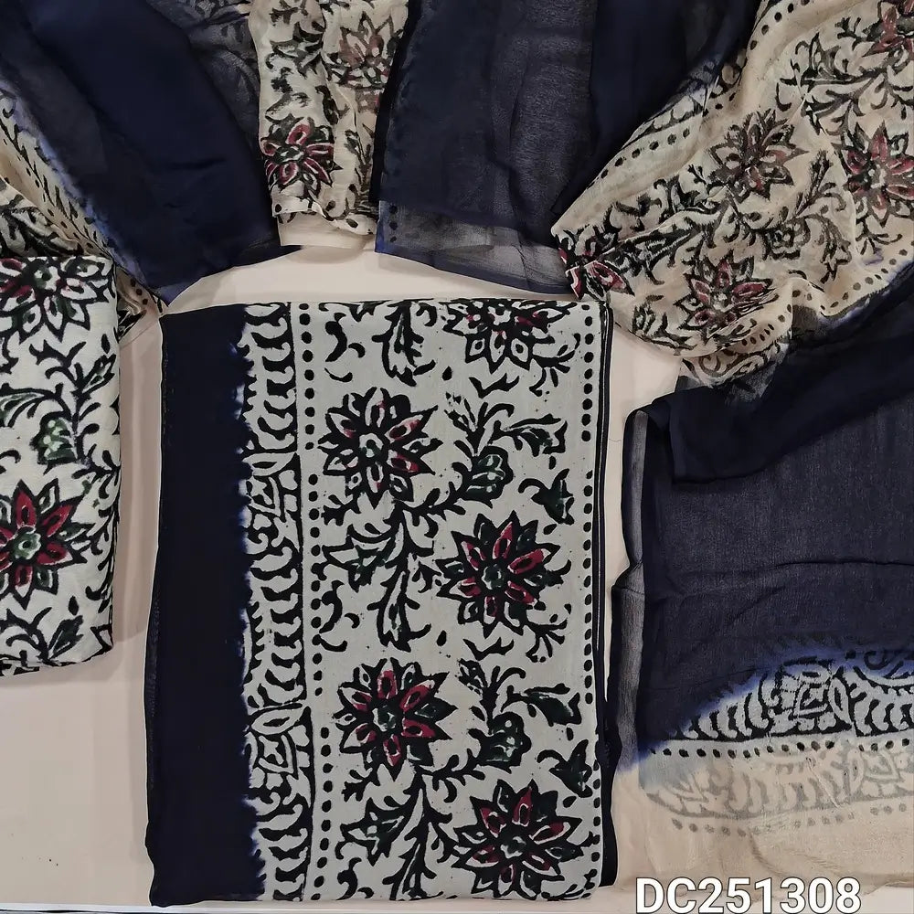 Beige & deep Blue premium Georgette unstitched salwar material (lining needed) hand block printed allover, panel design, printed santoon bottom, hand block printed dual shaded chiffon dupatta (TAPING NEEDED). DC251308