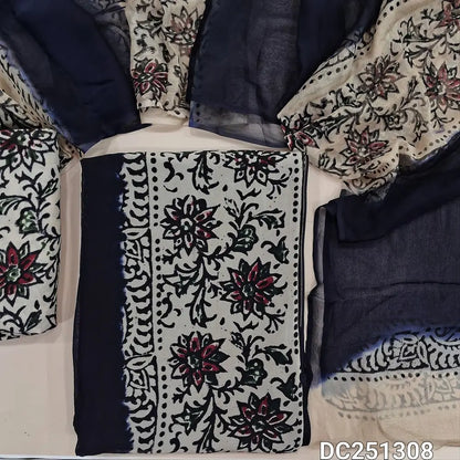 Beige & deep Blue premium Georgette unstitched salwar material (lining needed) hand block printed allover, panel design, printed santoon bottom, hand block printed dual shaded chiffon dupatta (TAPING NEEDED). DC251308