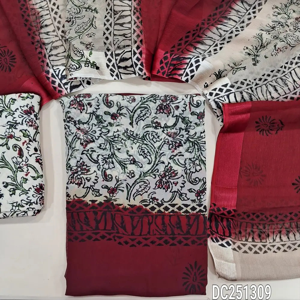 Beige & dark Maroon premium Georgette unstitched salwar material (lining needed) hand block printed allover, panel design, printed santoon bottom, hand block printed dual shaded chiffon dupatta (TAPING NEEDED). DC251309