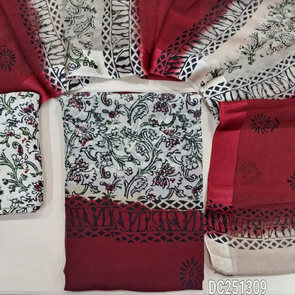 Beige & dark Maroon premium Georgette unstitched salwar material (lining needed) hand block printed allover, panel design, printed santoon bottom, hand block printed dual shaded chiffon dupatta (TAPING NEEDED). DC251309