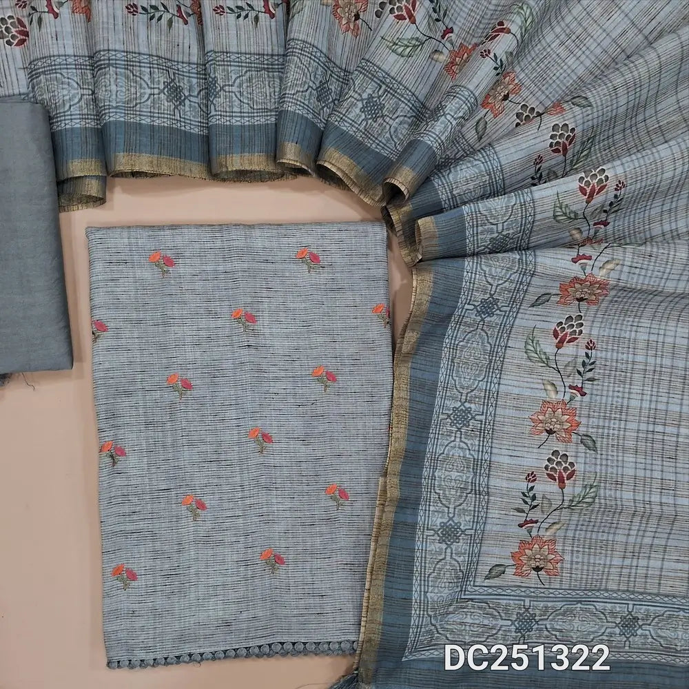 Designer light Grey pure linen unstitched salwar material (lining needed) small embroidery work on front, matching silky bottom, digital printed pure linen dupatta. DC251322