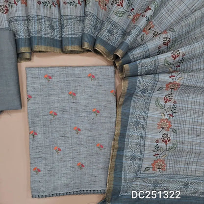 Designer light Grey pure linen unstitched salwar material (lining needed) small embroidery work on front, matching silky bottom, digital printed pure linen dupatta. DC251322