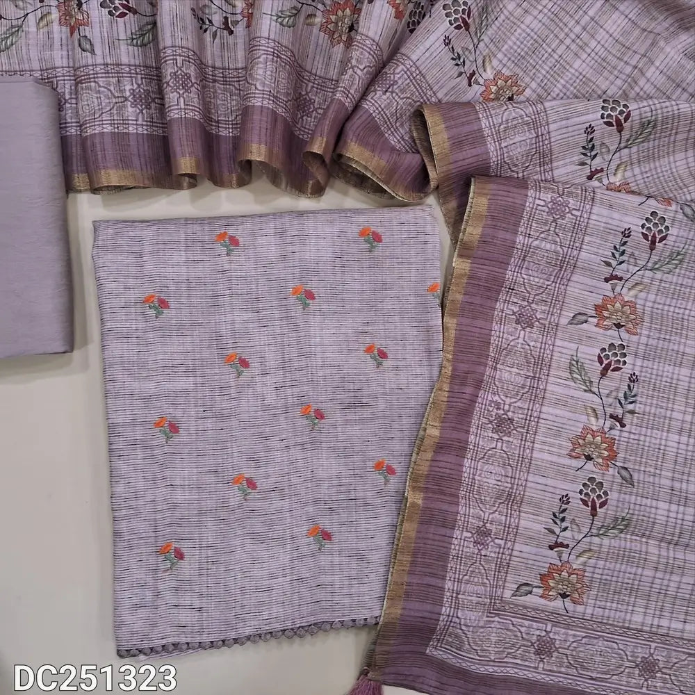 Designer light onion Pink pure linen unstitched salwar material (lining needed) small embroidery work on front, matching silky bottom, digital printed pure linen dupatta. DC251323