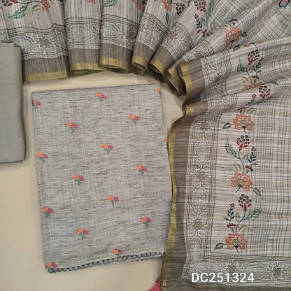Designer Greyish Beige pure linen unstitched salwar material (lining needed) small embroidery work on front, matching silky bottom, digital printed pure linen dupatta. DC251324