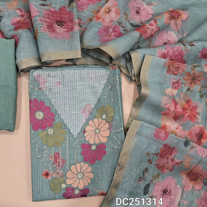 Designer pastel Blue premium silk cotton unstitched salwar material (lining needed)floral print allover, embroidery work on yoke, matching santoon bottom, digital floral printed silk cotton dupatta. DC251314