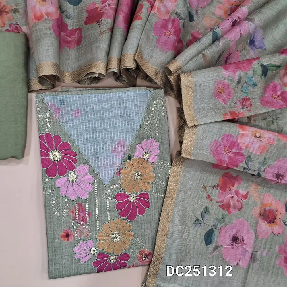 Designer sage Green premium silk cotton unstitched salwar material (lining needed)floral print allover, embroidery work on yoke, matching santoon bottom, digital floral printed silk cotton dupatta. DC251312