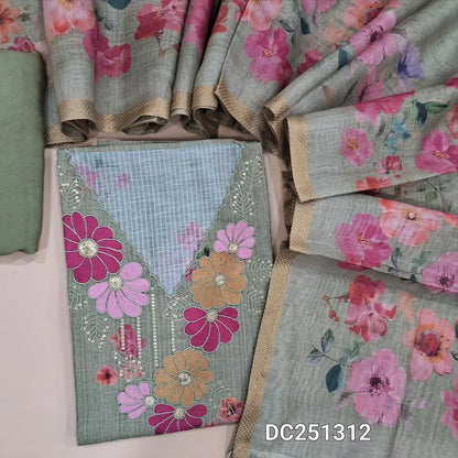 Designer sage Green premium silk cotton unstitched salwar material (lining needed)floral print allover, embroidery work on yoke, matching santoon bottom, digital floral printed silk cotton dupatta. DC251312