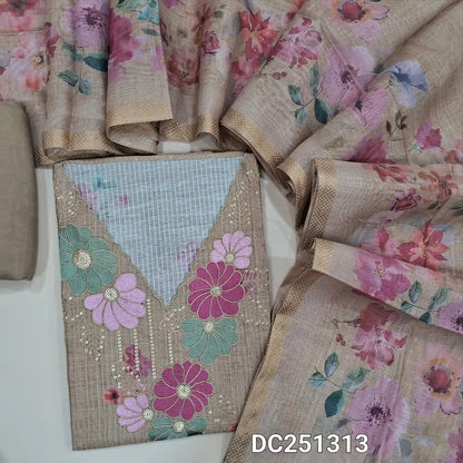 Designer rich Beige premium silk cotton unstitched salwar material (lining needed)floral print allover, embroidery work on yoke, matching santoon bottom, digital floral printed silk cotton dupatta. DC251313