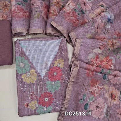Designer Mauve premium silk cotton unstitched salwar material (lining needed)floral print allover, embroidery work on yoke, matching santoon bottom, digital floral printed silk cotton dupatta. DC251311