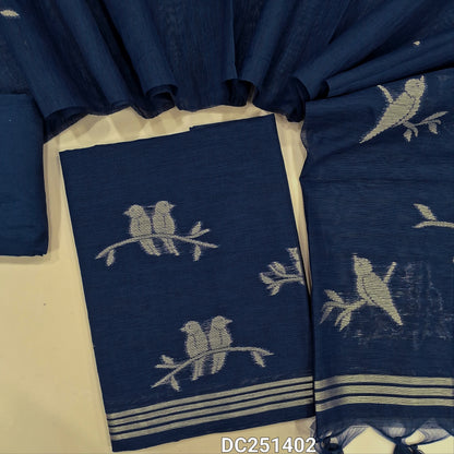 Designer dark Blue jamdani woven premium tussar silk unstitched salwar material, (textured, lining needed) golden zari weaving on daman, santoon bottom, full length jamdani woven tussar silk dupatta with tassels. DC251402