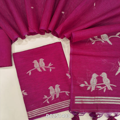 Designer bright Pink jamdani woven premium tussar silk unstitched salwar material, (textured, lining needed) golden zari weaving on daman, santoon bottom, full length jamdani woven tussar silk dupatta with tassels. DC251403