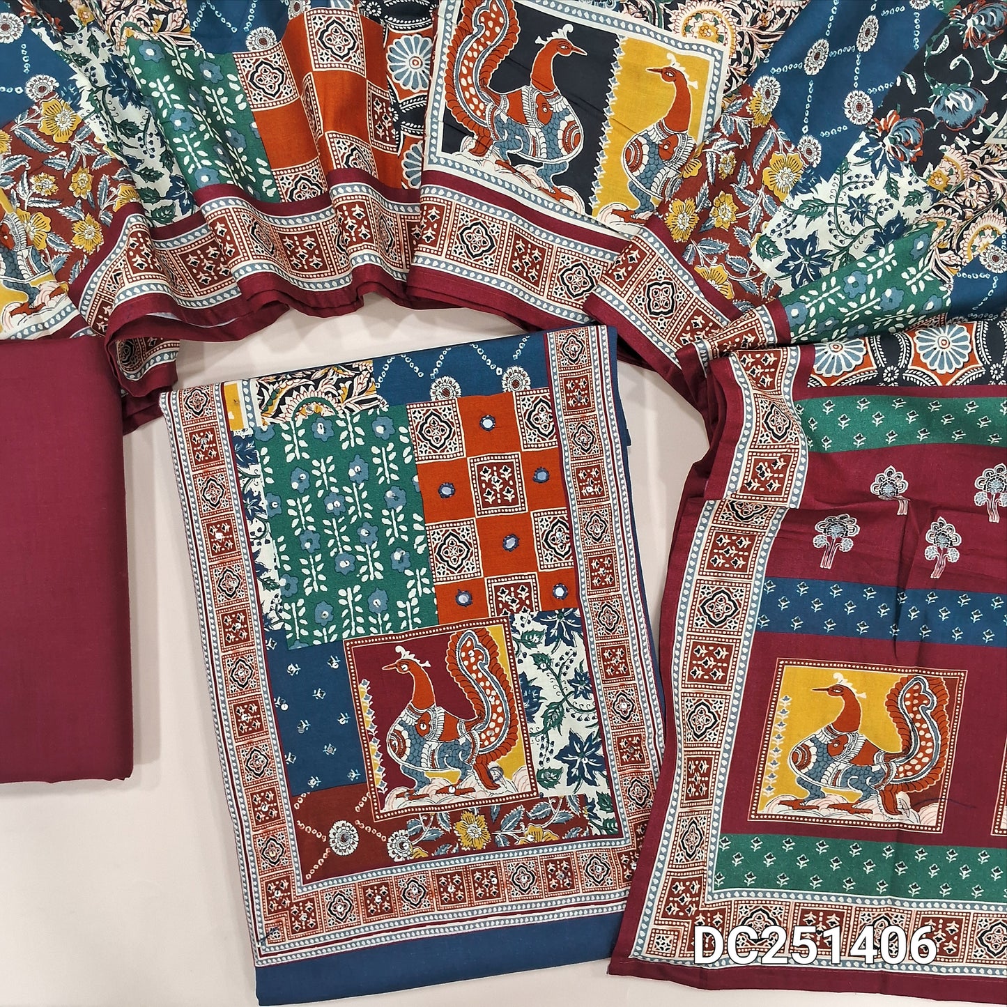 Dark Blue pure cotton unstitched salwar material (lining needed) digital print, sequence work on yoke, maroon cotton bottom, digital printed soft silk cotton dupatta. DC251406