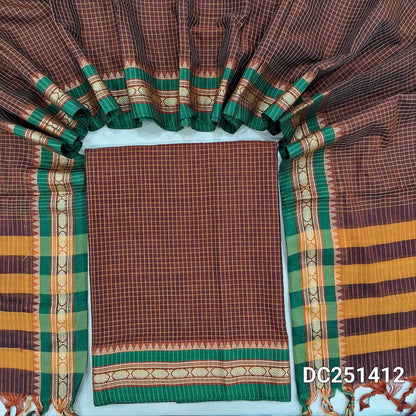 Maroon mercerised handloom cotton unstitched salwar material, checked all over, double side borders (Thin, Lining Needed) Fabric Measurement : 4.5 Metres, Full length dupatta. Note : Weaving Inconsistencies are not defects. DC251412