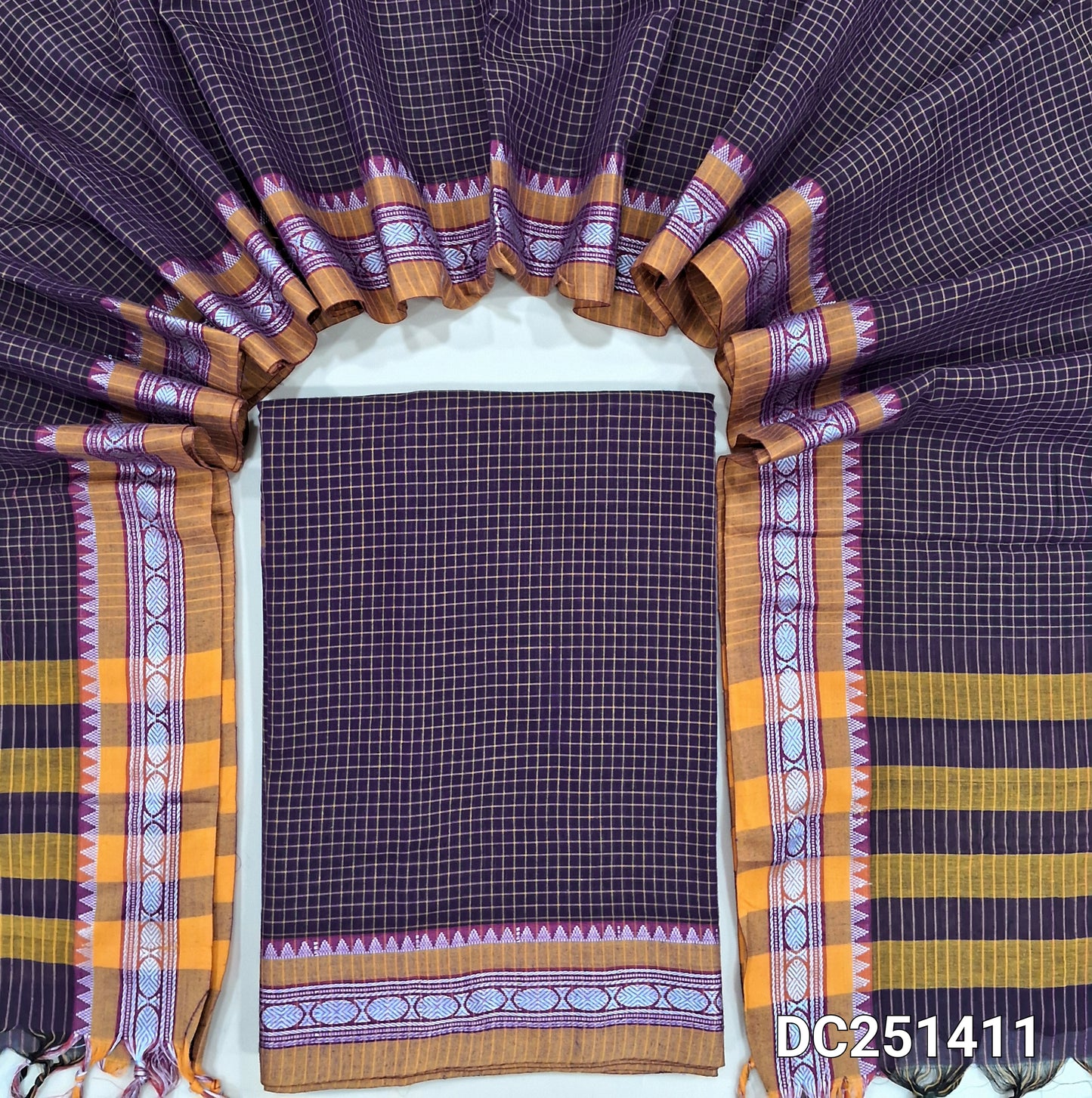 Dark Purple mercerised handloom cotton unstitched salwar material, checked all over, double side borders (Thin, Lining Needed) Fabric Measurement : 4.5 Metres, Full length dupatta. Note : Weaving Inconsistencies are not defects. DC251411