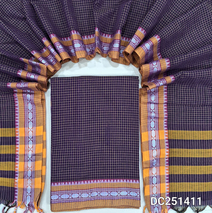 Dark Purple mercerised handloom cotton unstitched salwar material, checked all over, double side borders (Thin, Lining Needed) Fabric Measurement : 4.5 Metres, Full length dupatta. Note : Weaving Inconsistencies are not defects. DC251411