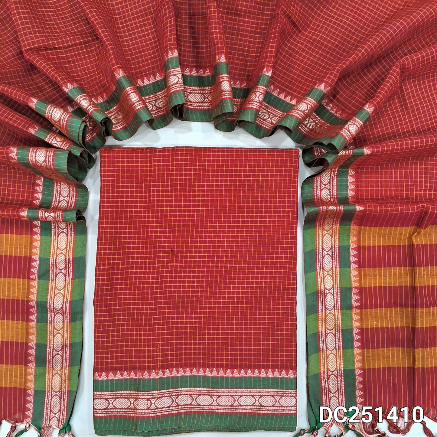Red mercerised handloom cotton unstitched salwar material, checked all over, double side borders (Thin, Lining Needed) Fabric Measurement : 4.5 Metres, Full length dupatta. Note : Weaving Inconsistencies are not defects. DC251410