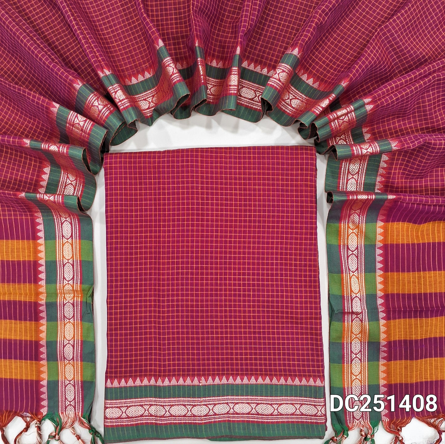 Pink mercerised handloom cotton unstitched salwar material, checked all over, double side borders (Thin, Lining Needed) Fabric Measurement : 4.5 Metres, Full length dupatta. Note : Weaving Inconsistencies are not defects. DC251408
