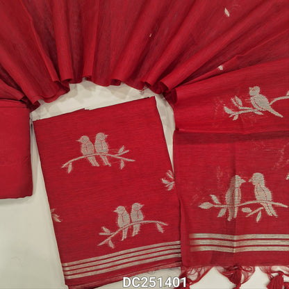Designer bright Red jamdani woven premium tussar silk unstitched salwar material, (textured, lining needed) golden zari weaving on daman, santoon bottom, full length jamdani woven tussar silk dupatta with tassels. DC251401
