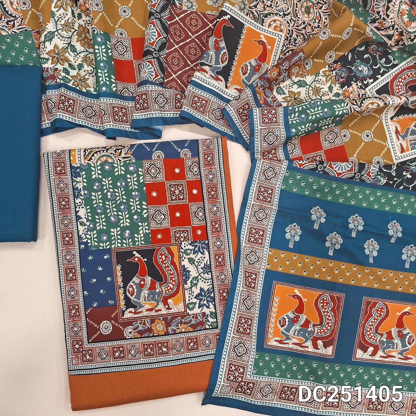 Rust Orange pure cotton unstitched salwar material (lining needed) digital print, sequence work on yoke, teal blue cotton bottom, digital printed soft silk cotton dupatta. DC251405