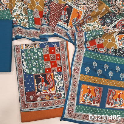 Rust Orange pure cotton unstitched salwar material (lining needed) digital print, sequence work on yoke, teal blue cotton bottom, digital printed soft silk cotton dupatta. DC251405