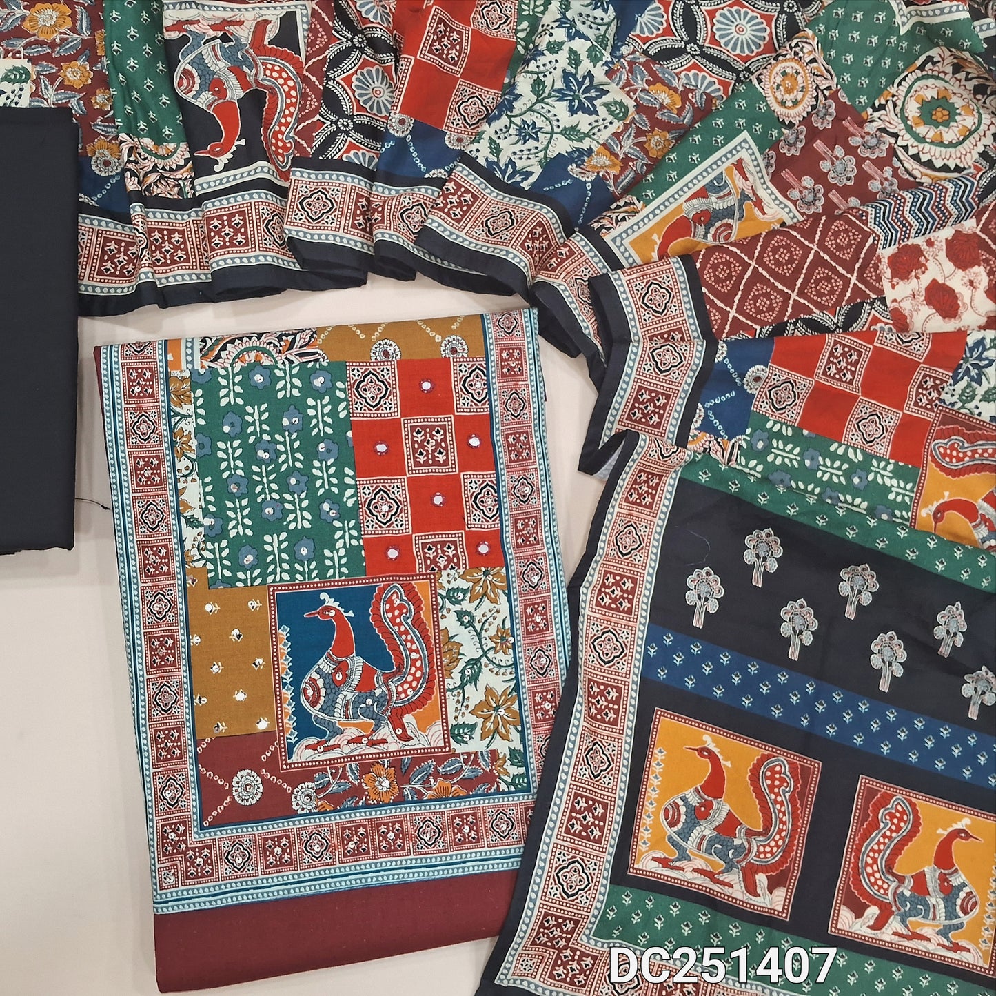 Dark Maroon pure cotton unstitched salwar material (lining needed) digital print, sequence work on yoke, black cotton bottom, digital printed soft silk cotton dupatta. DC251407