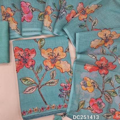 Pastel Blue premium linen unstitched salwar material (lining needed) digital print, embroidery work on yoke, daman, matching spun cotton bottom, digital floral printed linen dupatta. DC251413