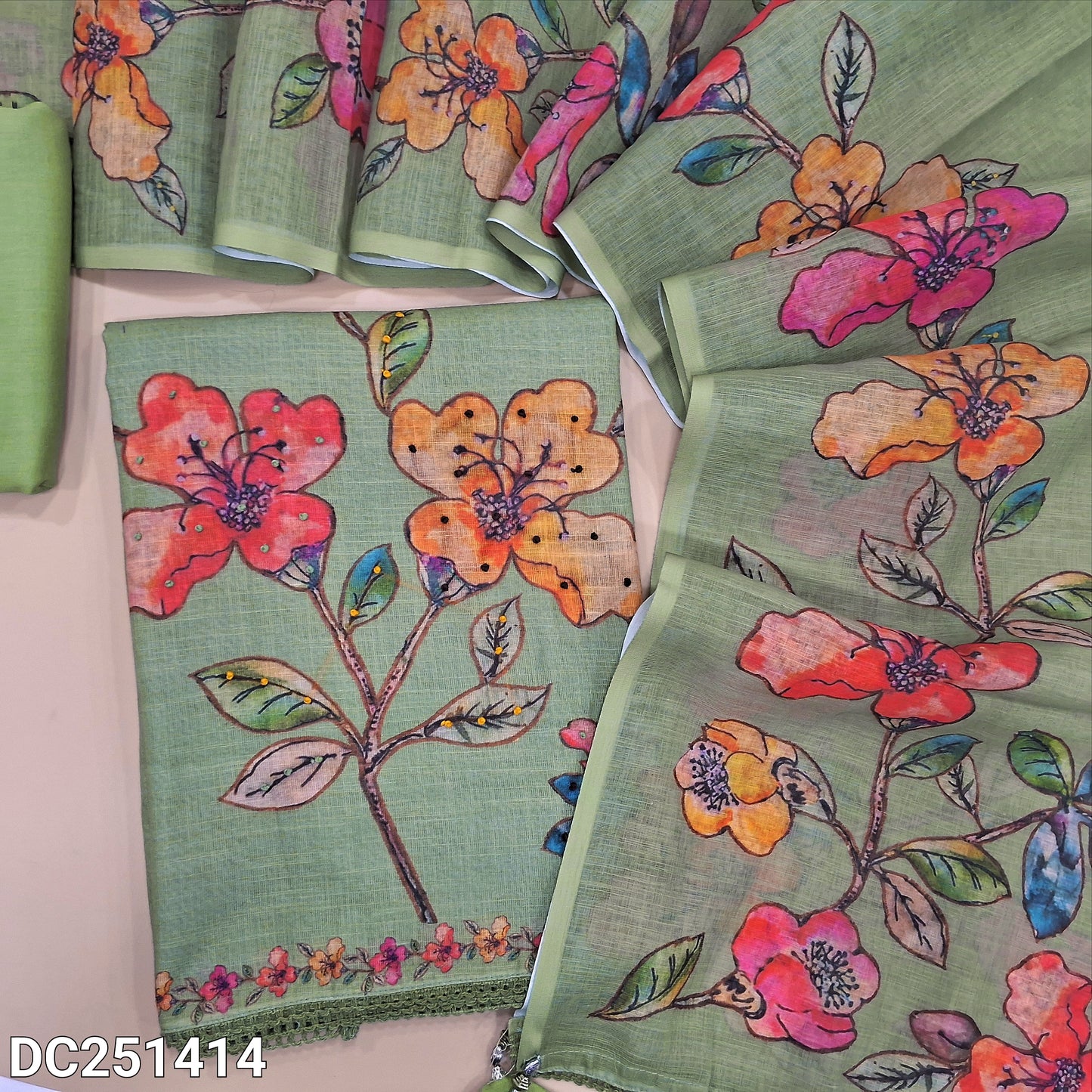Sage Green premium linen unstitched salwar material (lining needed) digital print, embroidery work on yoke, daman, matching spun cotton bottom, digital floral printed linen dupatta. DC251414