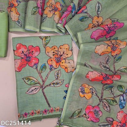 Sage Green premium linen unstitched salwar material (lining needed) digital print, embroidery work on yoke, daman, matching spun cotton bottom, digital floral printed linen dupatta. DC251414