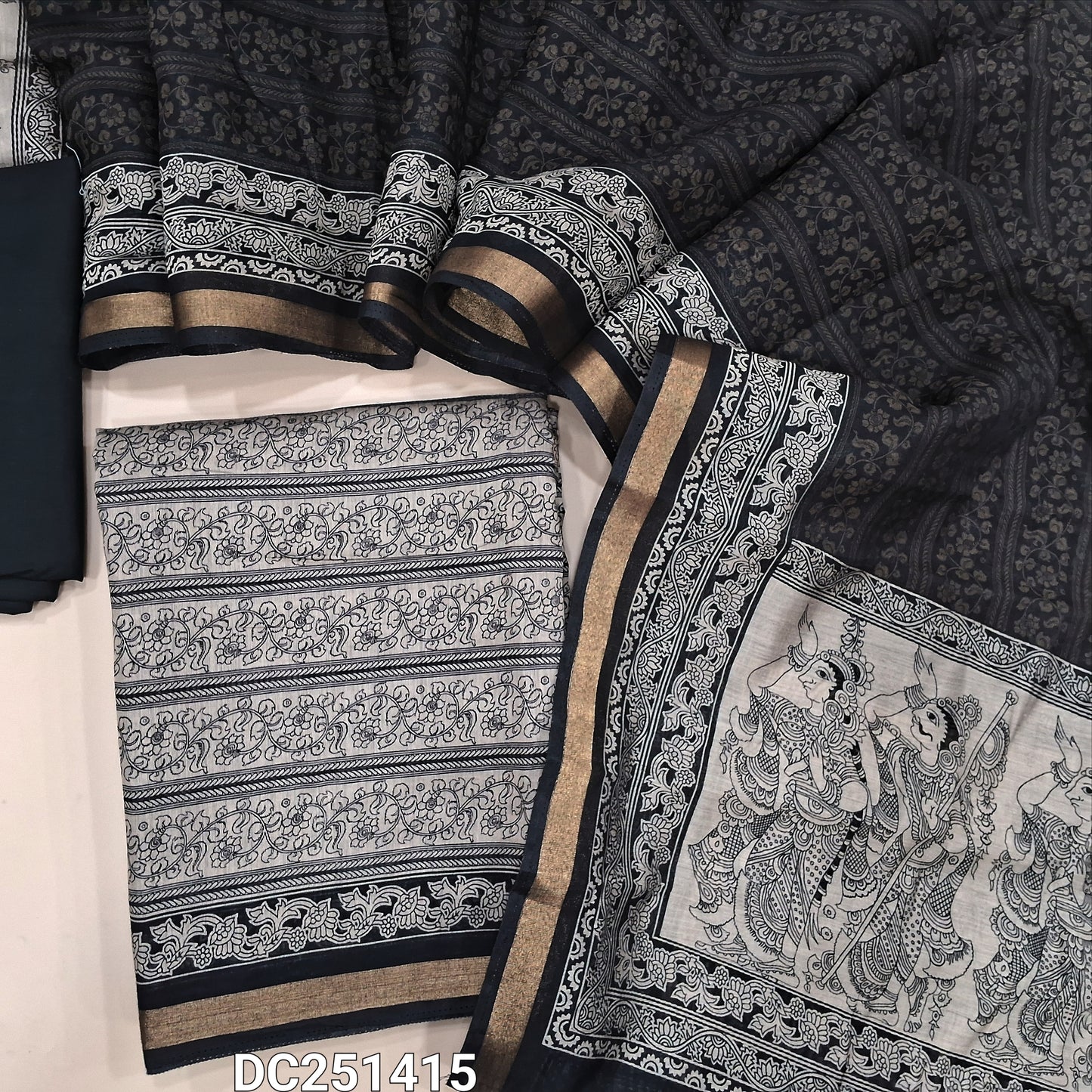 Digital printed Grey premium sot silk cotton unstitched salwar material (lining needed) tissue borders on daman, black spun cotton bottom, digital printed soft silk cotton dupatta. DC251415