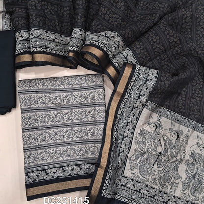 Digital printed Grey premium sot silk cotton unstitched salwar material (lining needed) tissue borders on daman, black spun cotton bottom, digital printed soft silk cotton dupatta. DC251415