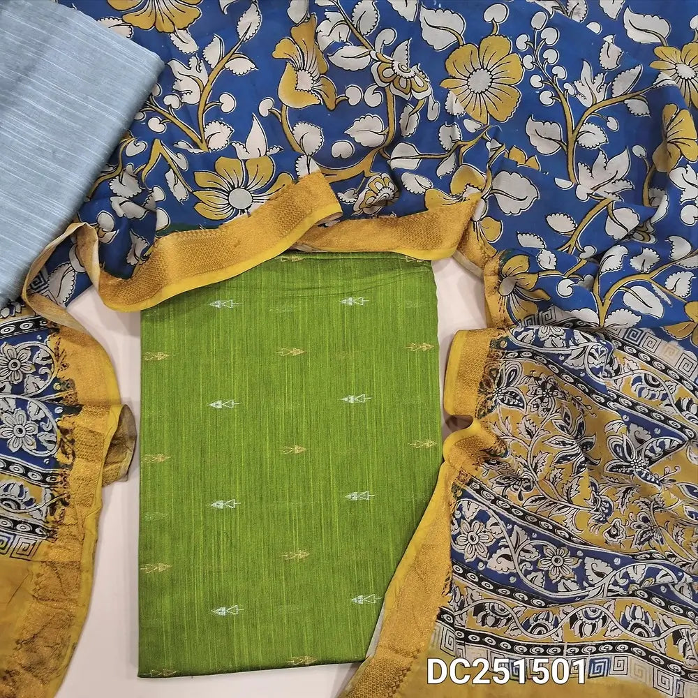 Premium mossy Green raw silk unstitched salwar material (lining needed) thread woven buttas allover, silver grey silk cotton bottom, kalamkari printed chennuri silk dupatta(TAPING NEEDED). DC251501