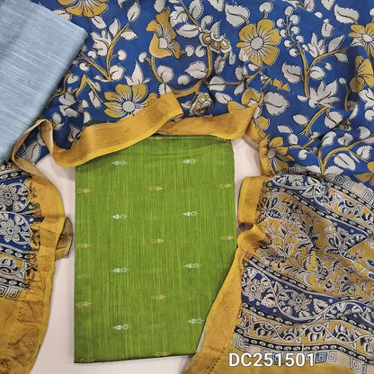 Premium mossy Green raw silk unstitched salwar material (lining needed) thread woven buttas allover, silver grey silk cotton bottom, kalamkari printed chennuri silk dupatta(TAPING NEEDED). DC251501