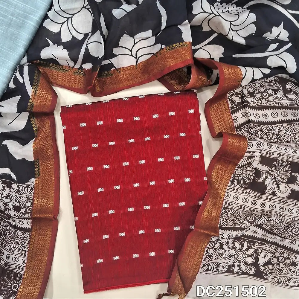 Premium Reddish Maroon raw silk unstitched salwar material (lining needed) thread woven buttas allover, silver grey silk cotton bottom, kalamkari printed chennuri silk dupatta(TAPING NEEDED). DC251502