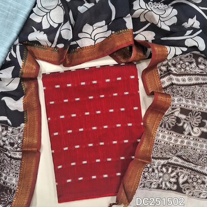 Premium Reddish Maroon raw silk unstitched salwar material (lining needed) thread woven buttas allover, silver grey silk cotton bottom, kalamkari printed chennuri silk dupatta(TAPING NEEDED). DC251502