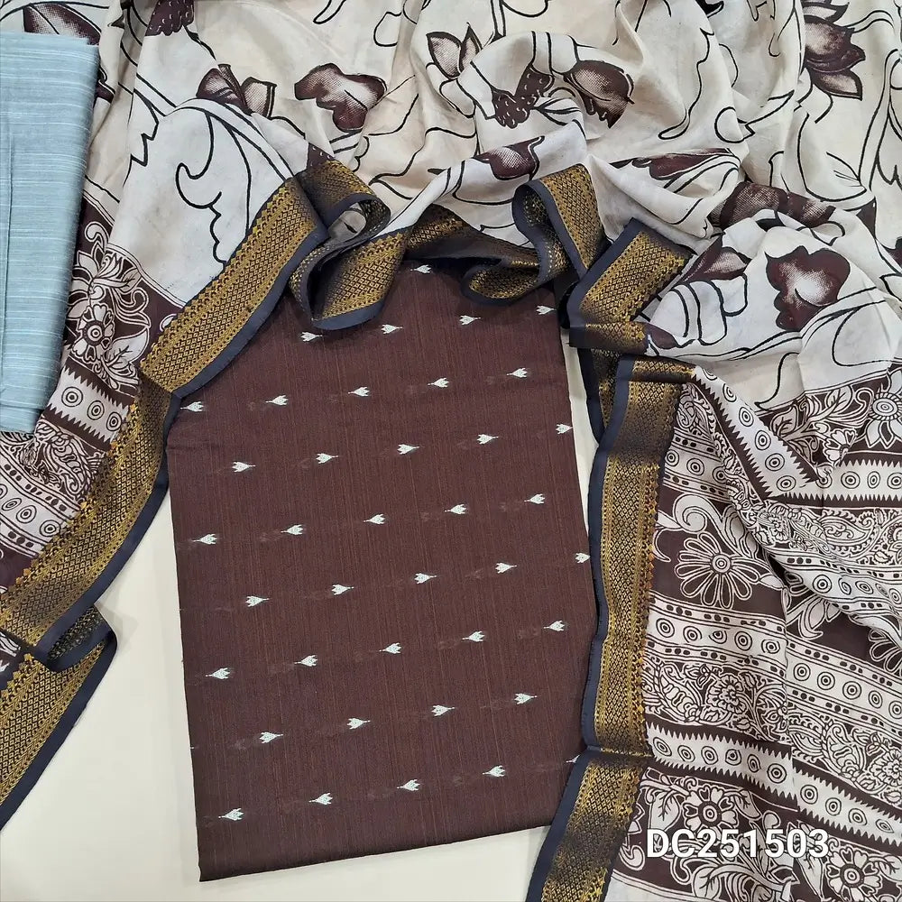 Premium dark Brown raw silk unstitched salwar material (lining needed) thread woven buttas allover, silver grey silk cotton bottom, kalamkari printed chennuri silk dupatta(TAPING NEEDED). DC251503