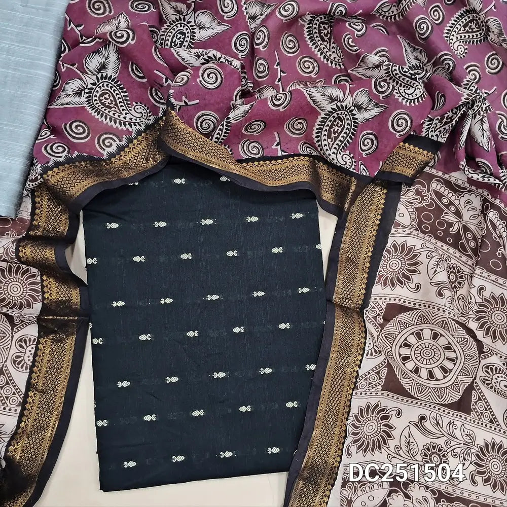 Premium Black raw silk unstitched salwar material (lining needed) thread woven buttas allover, silver grey silk cotton bottom, kalamkari printed chennuri silk dupatta(TAPING NEEDED). DC251504