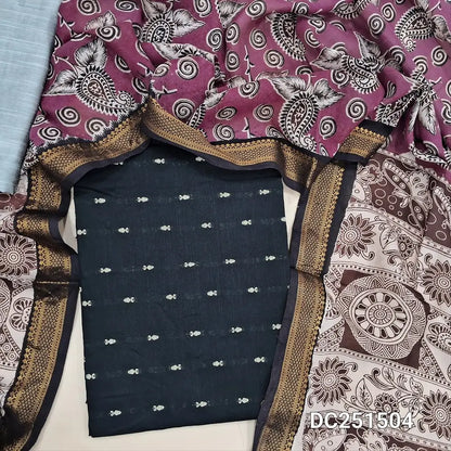 Premium Black raw silk unstitched salwar material (lining needed) thread woven buttas allover, silver grey silk cotton bottom, kalamkari printed chennuri silk dupatta(TAPING NEEDED). DC251504
