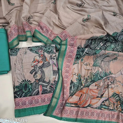 Light Chocolate Brown premium silk cotton unstitched salwar material (lining needed) digital print on daman, teal blue spun cotton bottom, digital printed premium silk cotton dupatta. DC251509