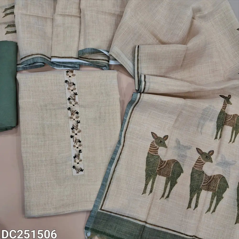 Designer Rich beige with golden tint tissue linen unstitched salwar material, deer printed with hand bead embroidered on daman(thin, lining needed) green santoon bottom, deer printed pure tissue linen dupatta. Dc251506