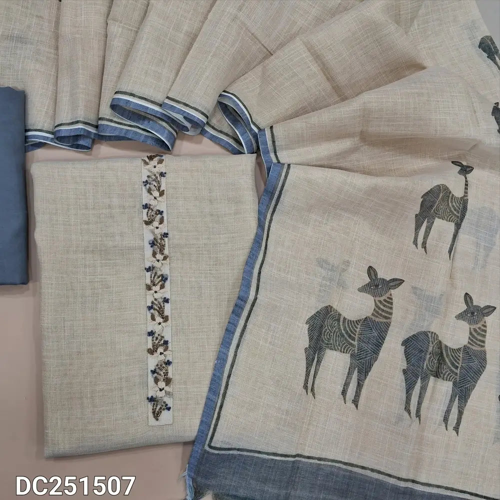 Designer Rich beige with golden tint tissue linen unstitched salwar material, deer printed with hand bead embroidered on daman(thin, lining needed)light grey santoon bottom, deer printed pure tissue linen dupatta. Dc251507