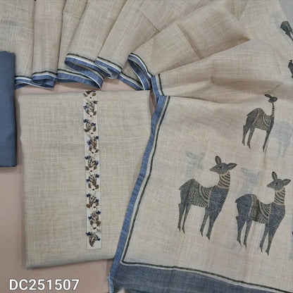 Designer Rich beige with golden tint tissue linen unstitched salwar material, deer printed with hand bead embroidered on daman(thin, lining needed)light grey santoon bottom, deer printed pure tissue linen dupatta. Dc251507