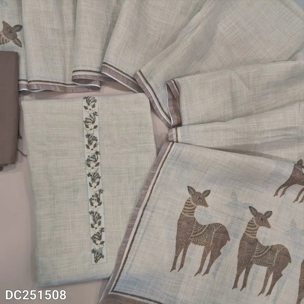 Designer Rich beige with golden tint tissue linen unstitched salwar material, deer printed with hand bead embroidered on daman(thin, lining needed)light chocolate brown santoon bottom, deer printed pure tissue linen dupatta. Dc251508