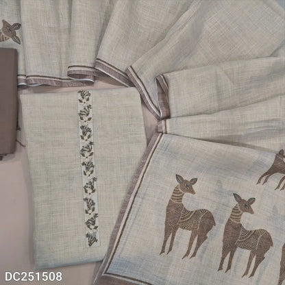 Designer Rich beige with golden tint tissue linen unstitched salwar material, deer printed with hand bead embroidered on daman(thin, lining needed)light chocolate brown santoon bottom, deer printed pure tissue linen dupatta. Dc251508