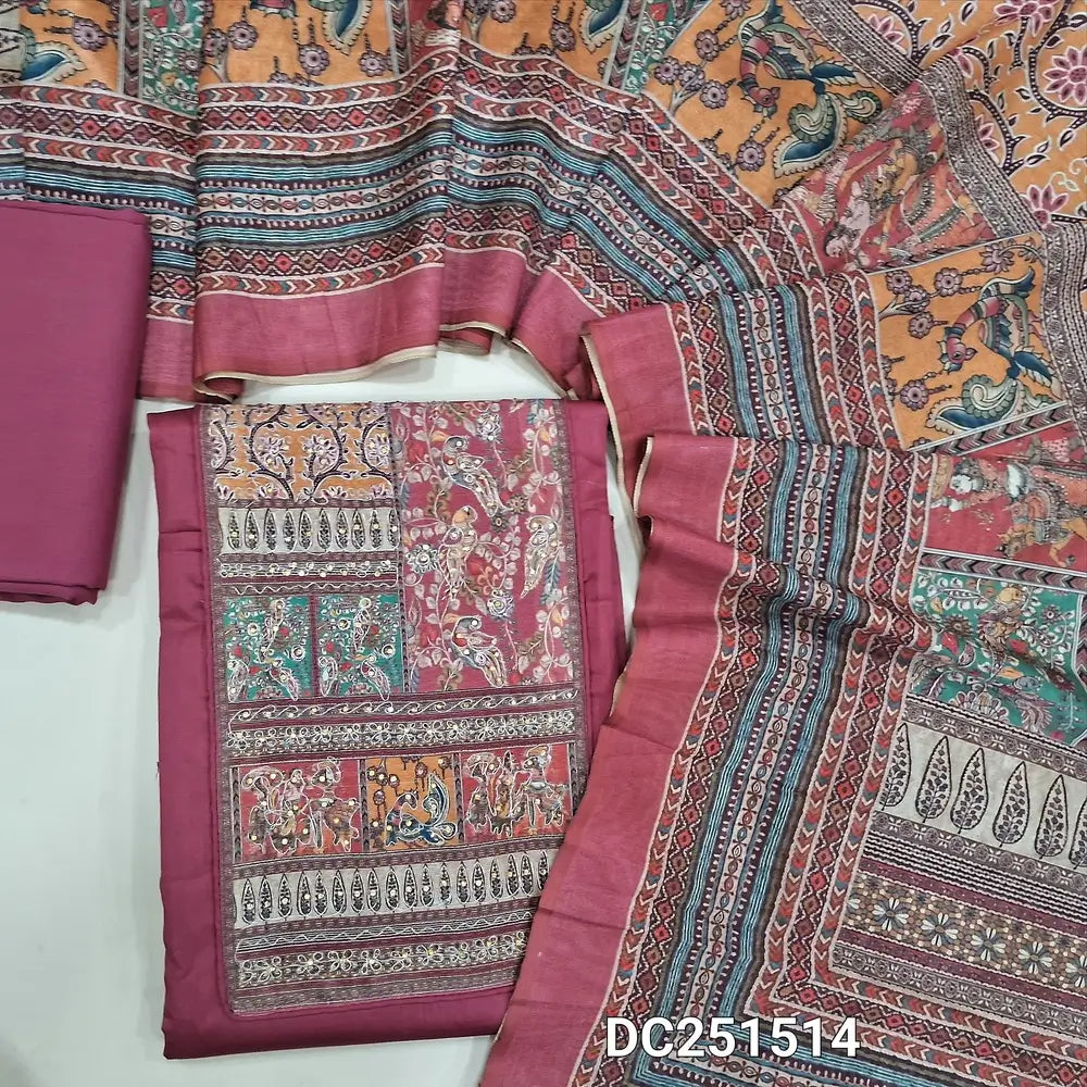Dark onion Pink satin cotton unstitched salwar material (lining optional) multicolor digital print, sequence work on yoke, matching spun cotton bottom, digital colorful printed silk cotton dupatta. Dc251514