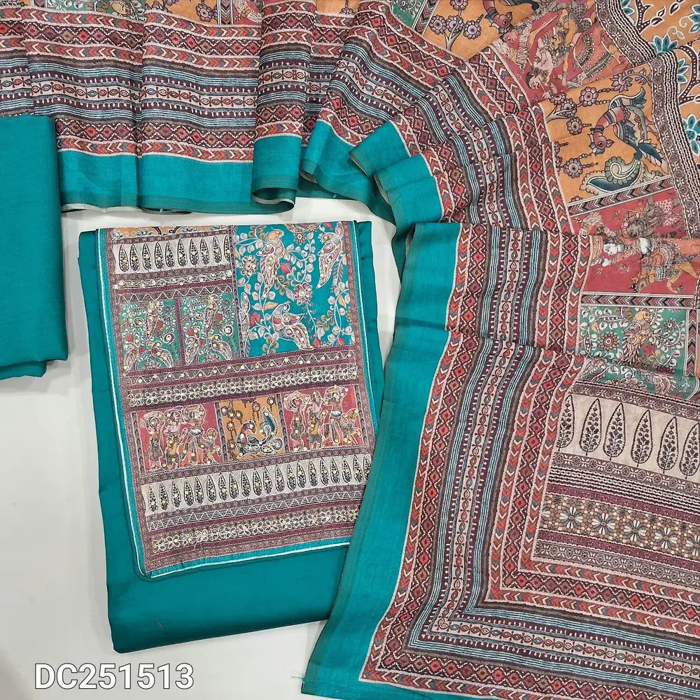 Teal Blue satin cotton unstitched salwar material (lining optional) multicolor digital print, sequence work on yoke, matching spun cotton bottom, digital colorful printed silk cotton dupatta. Dc251513