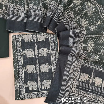 Digital Printed greyish Black silk cotton unstitched salwar material (lining needed) elephant print, katha stitch work on yoke, daman,  matching cotton bottom, digital printed silk cotton dupatta. DC251515