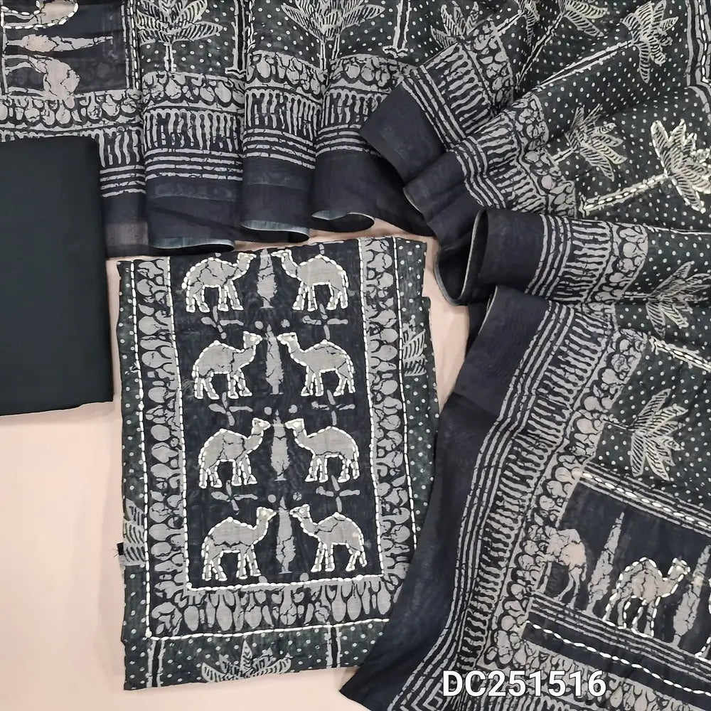 Digital Printed greyish Black silk cotton unstitched salwar material (lining needed) camel print, katha stitch work on yoke, daman,  matching cotton bottom, digital printed silk cotton dupatta. DC251516